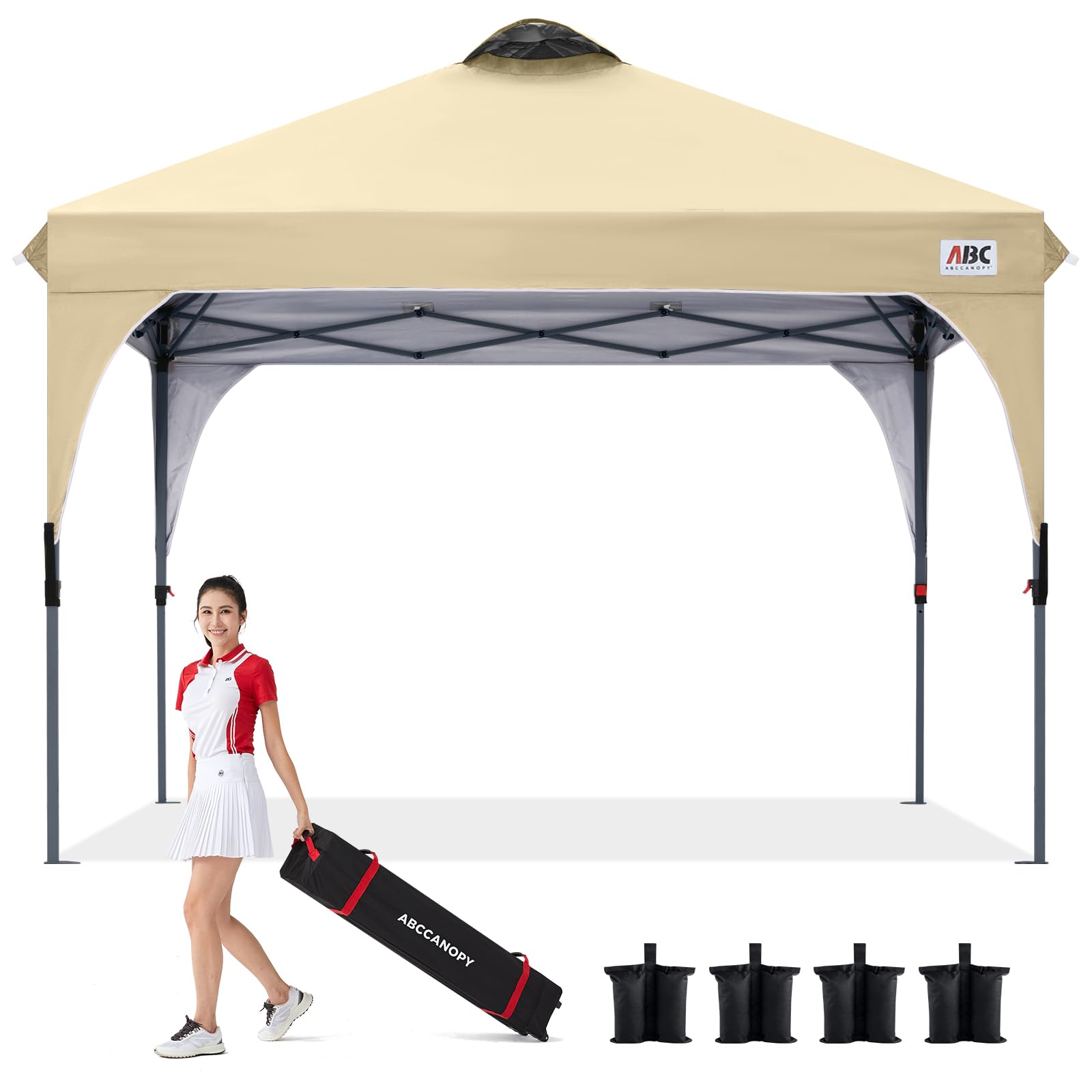 ABCCANOPY 【在庫一掃】 タープテント ワンタッチ 3段階調節 ベンチレーション 天井 2.5m/3m アウトドア 簡単 大型 タープ テント キャスターバッグ付き 高耐水圧 遮熱日除け 付属品付き ベージュ 3M