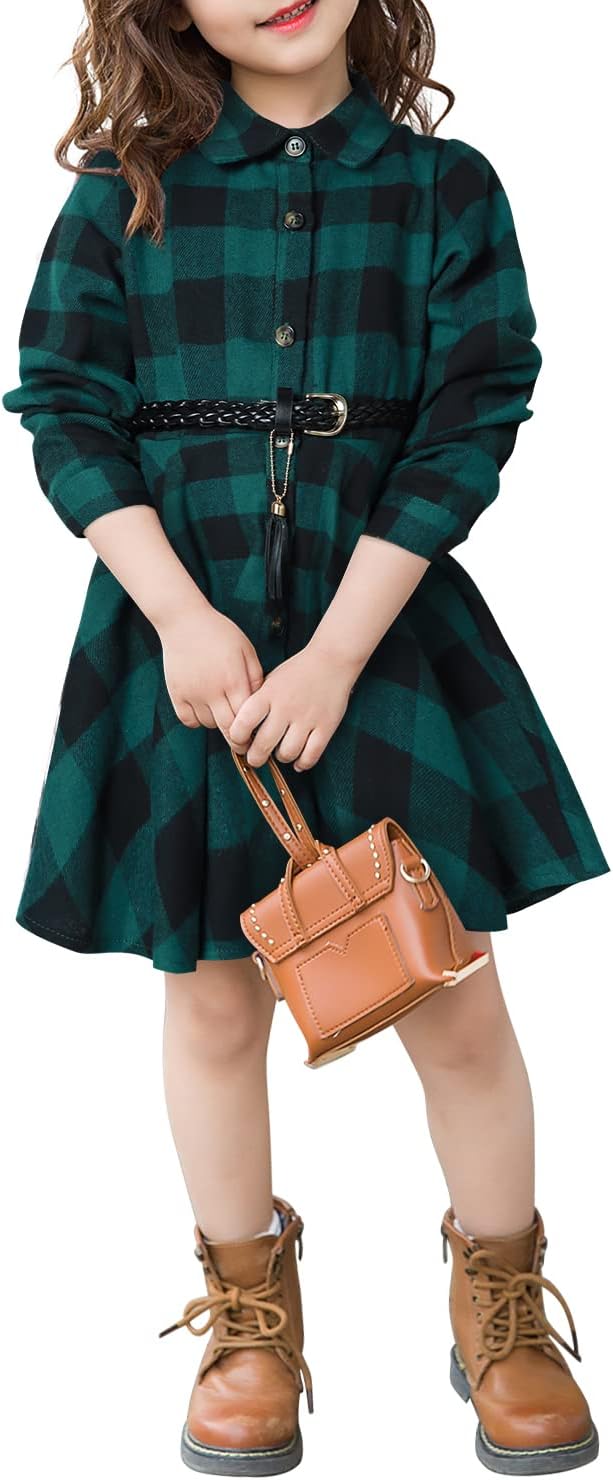 AGQTGirls Christmas Plaid Dress Long Sleeve Buffalo Check Square Chequer Shirt Dress Size 3-11T