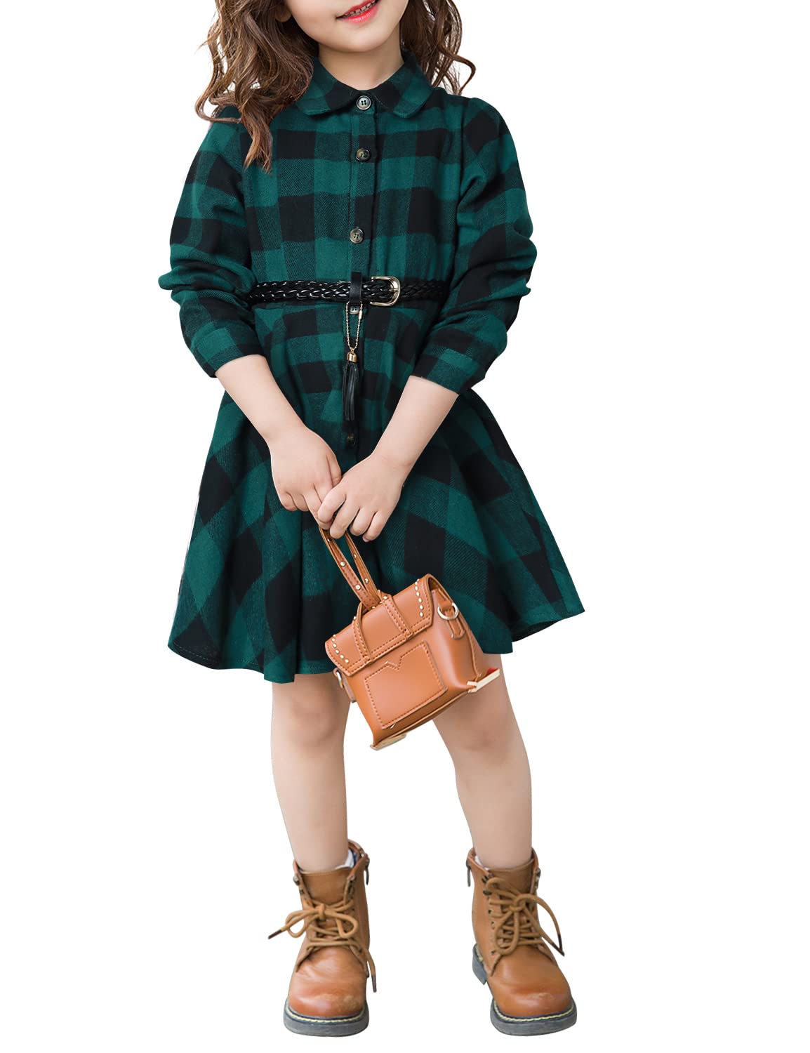 AGQTGirls Christmas Plaid Dress Long Sleeve Buffalo Check Square Chequer Shirt Dress Size 3-11T