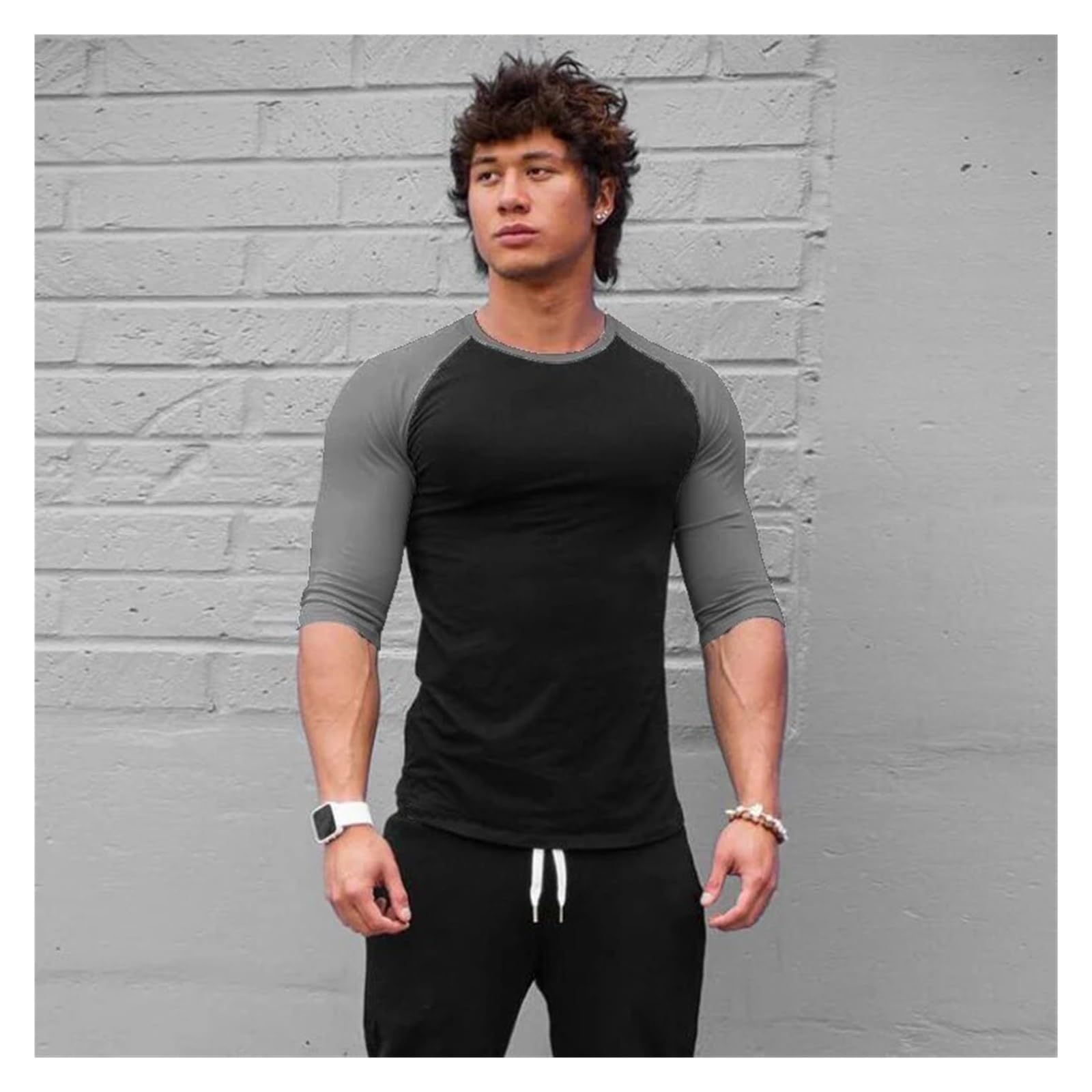 Camicia Fitness Tinta Unita con Maniche a Tre Quarti Abbigliamento da Allenamento Uomo T-Shirt in Cotone Traspirante Slim Fit Bodybuilding Palestra per Ciclismo Fitness Allenamento Sportiva