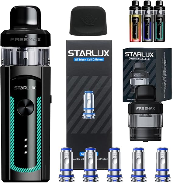 مجموعة Starlux مكونة من 4 قطع FreeMax STARLUX 40W KIT + 1 صندوق لفائف بديل 5 قطع + 1 POD بديل + ملف استبدال غطاء السيليكون 0.5 أوم، أسود