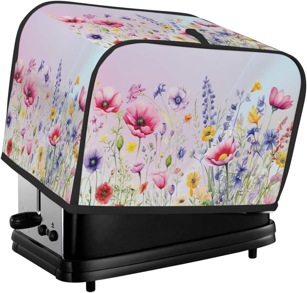 Flower Colorful Floral Toaster Cover 2 Slice Wide Slot Washable Appliance Covers Fingerprint Bread Maker Bag Dust Protection Bread Machine Covers Kitchen Accessories For Women Men Gifts