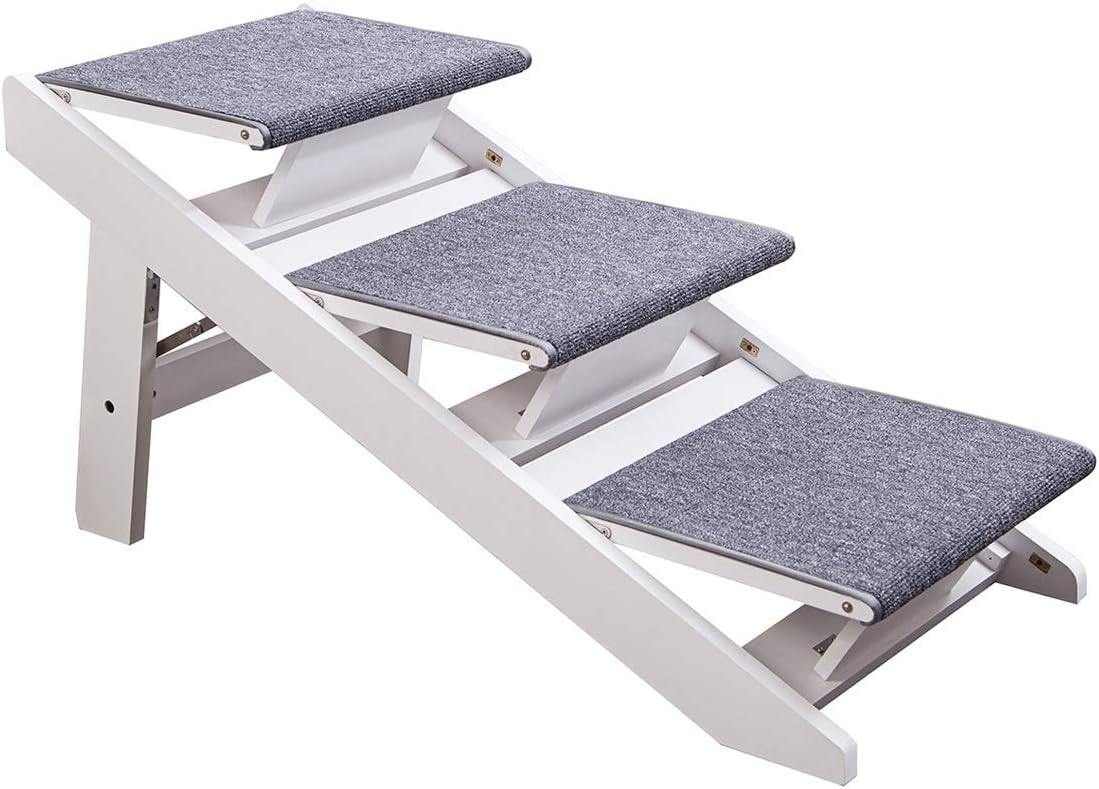 PAWLAND 2-in-1 Portable Folding Pet Stairs for Dogs, Cats, high beds, Wood Pet Safety Beside Dog Ramp, Dog Steps, Easy Climb Pet Step Stool (White)