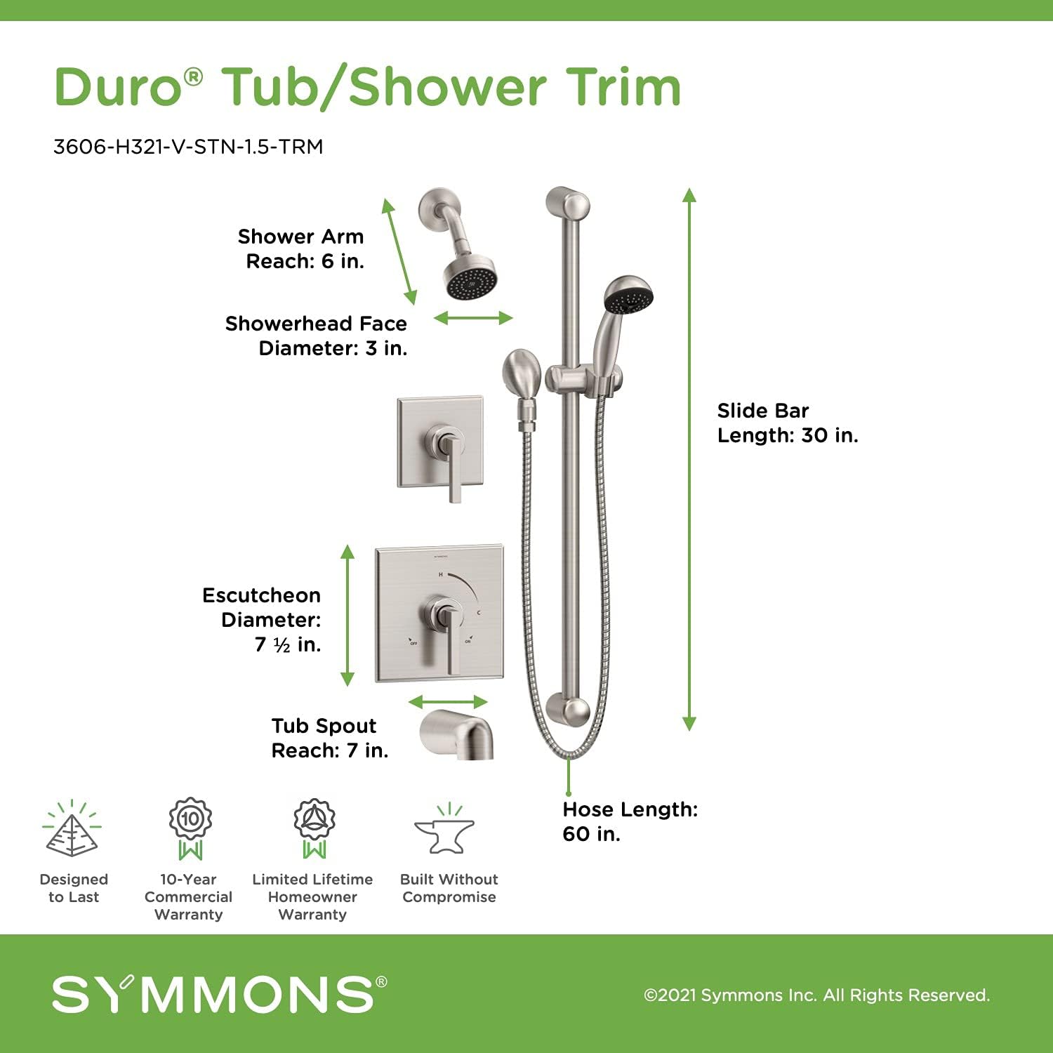 Symmons 3606-H321-V-STN-1.5-TRM Duro 2-Handle Tub and 1-Spray Shower Trim with 1-Spray Hand Shower in Satin Nickel (Valves Not Included)