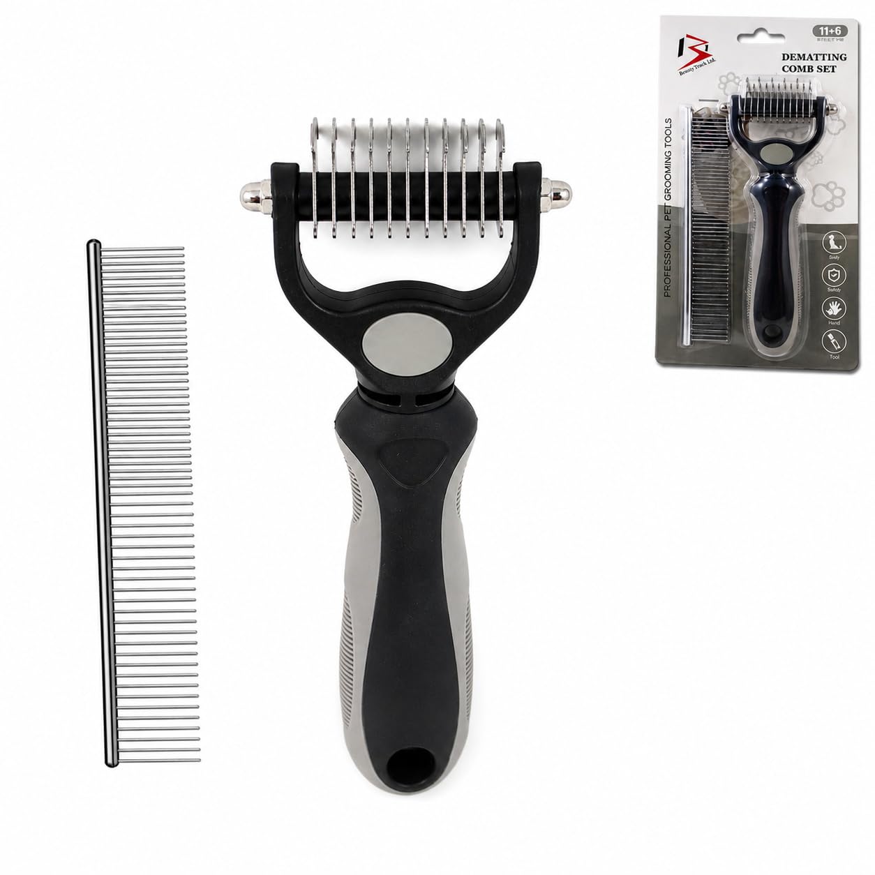 BeautyTrack Pet Dematting Comb, Dual-Sided Grooming Rake for Dogs and Cats, Stainless Steel Teeth with Metal Finishing Comb, Undercoat Rake Dog Cat (Black, S)
