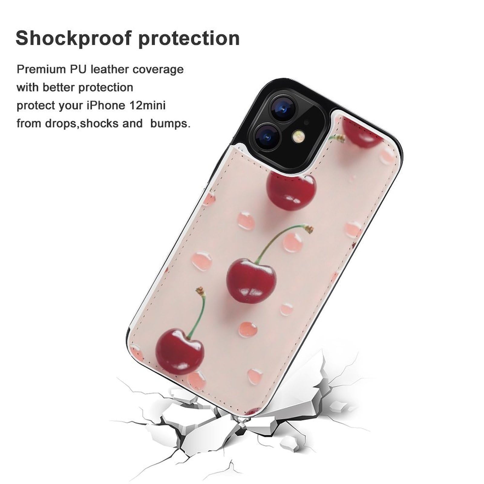 Fundas tipo cartera para iPhone 12 Mini, con estampado de cerezas rojas y encantadoras, funda de piel con ranuras para tarjetas