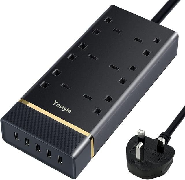Extension Leads 6 Way, 3M Extension Leads with 5 USB Slots(5V 3.4A), Multi Socket Surge Protection Power Strip, Wall Mountable Extension Cord for Desk Room Office Home