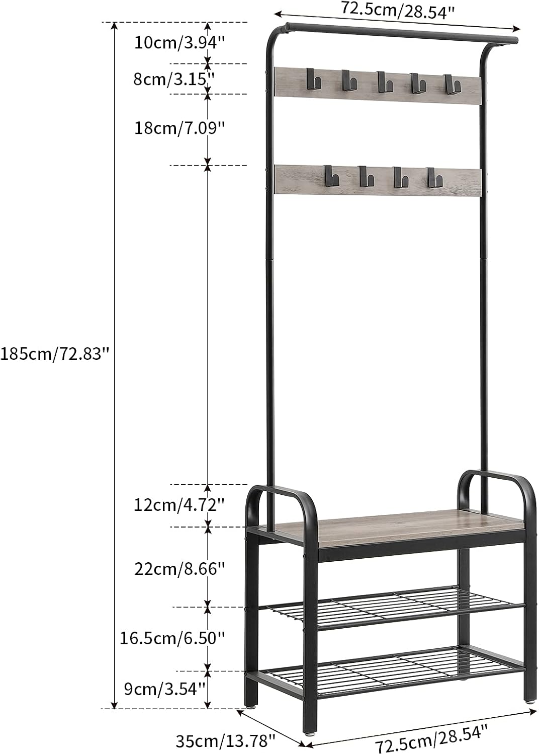 IBUYKE Coat Rack, Shoe Bench, Hall Tree with Storage Shelf for Entryway, Coat Rack Stand with Hanging Bar, 9 Metal Double Hooks, 3-in-1 Design, Industrial Accent Furniture with Steel Frame TMJ001Y