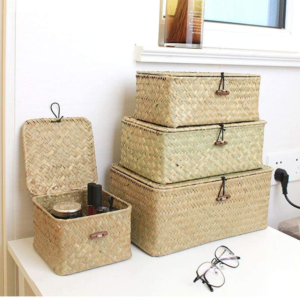Storage Shelf Basket with Lid Rectangular Handmade Seagrass Rattan Woven Makeup Organizer Multipurpose Container Natural Box for Shelves