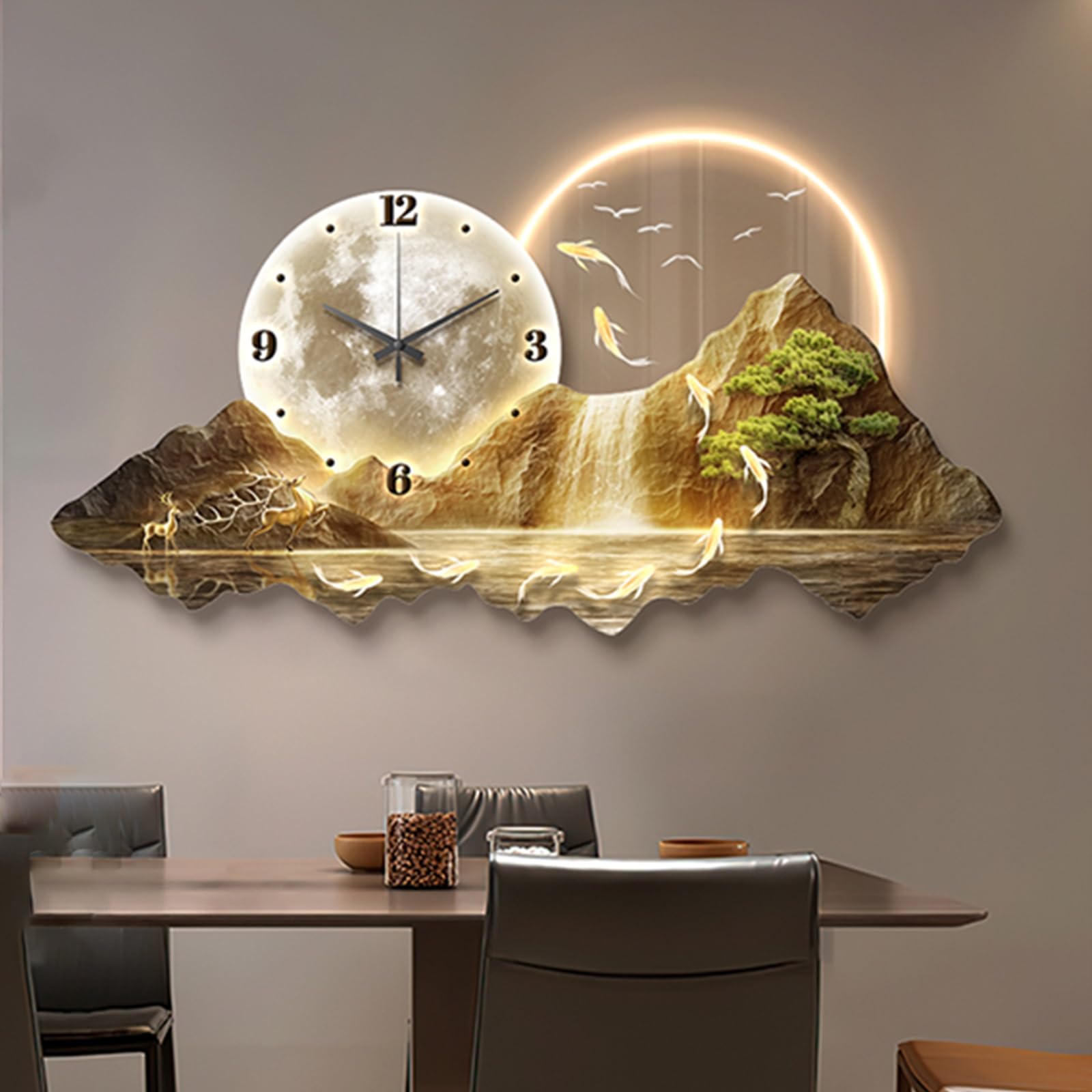 MESCXTY 3D Wall Art Decor Clock for Living Room Large Sculptures with LED Light,Creative Silent Clocks,for Office, Home, Bathroom(Gold A,39.3 * 19.7in)