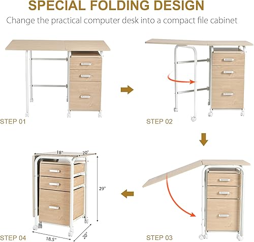 Miniatura 3 de GRAFFY - Escritorio para computadora, pequeño escritorio de trabajo para laptop con mesa plegable y 3 cajones de almacenamiento, escritorio plegable