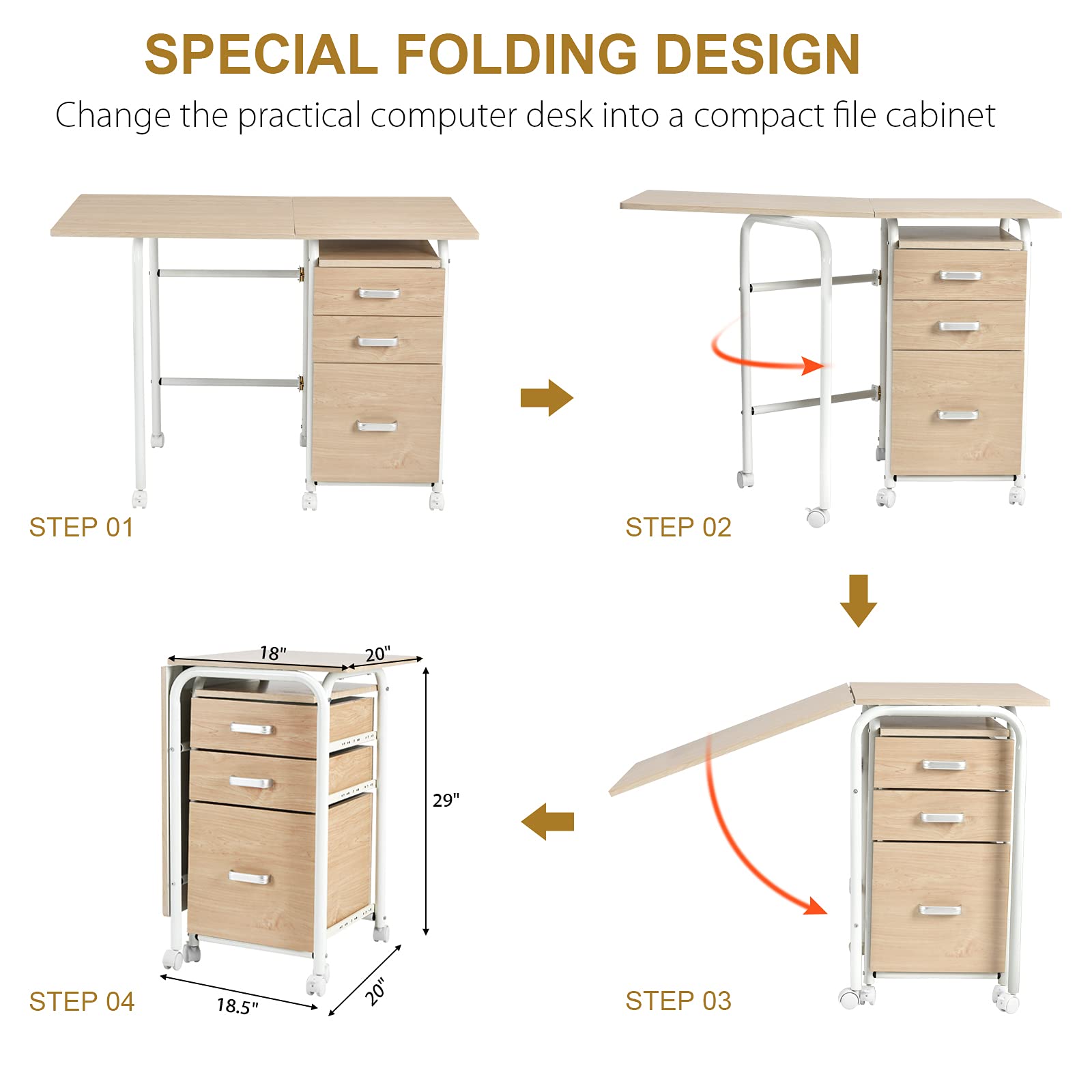 Tangkula Folding Computer Desk with 3 Storage Drawers, Mobile Home
