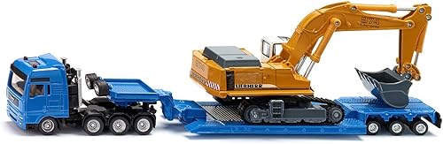 Transportador de cama plana de transporte pesado Azul y Liebherr 974 Litronic Excavator Yellow 1/87 (HO) Modelos fundidos a presión por Siku SK1847