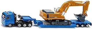 Heavy Haulage Flatbed Transporter Blue and Liebherr 974 Litronic Excavator Yellow 1/87 (HO) Diecast Models by Siku SK1847
