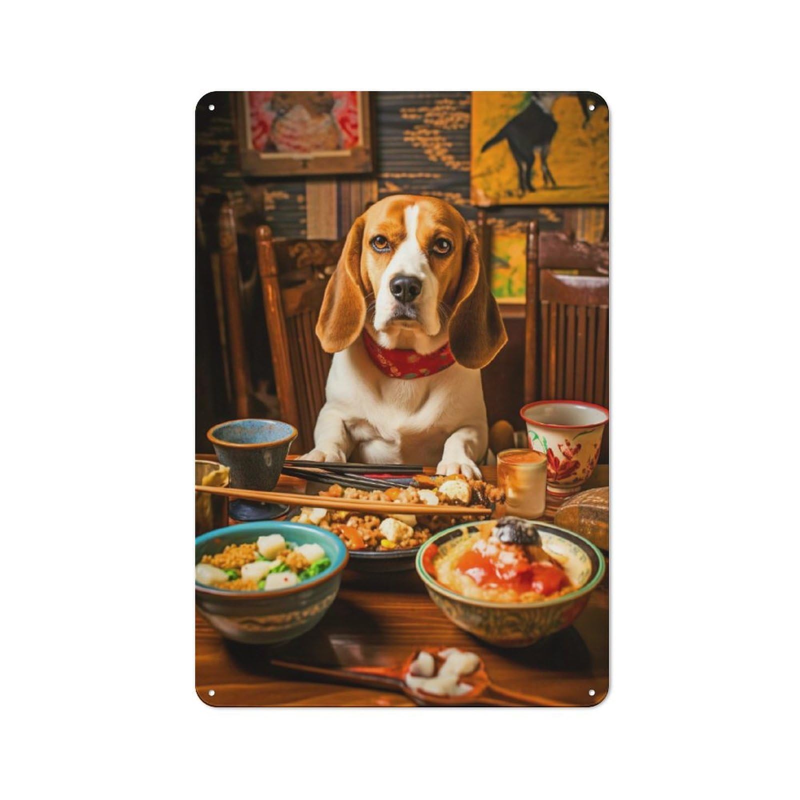Junmoney Style-12 Beagle At Dinner Table Vintage Tin Wall Plaque 30X20cm For Hobby Room Or Studio, A Decorative Metal Sign For Hobby Rooms And Studios