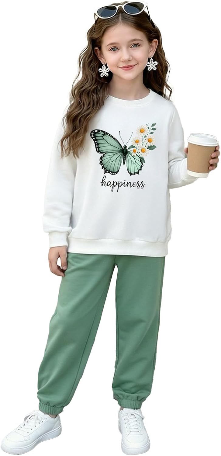 Girls' Summer Casual Outfits 2 Piece, Butterfly Print Tops and Sweatpants Cute Clothes Set for Teen Girls 8-12