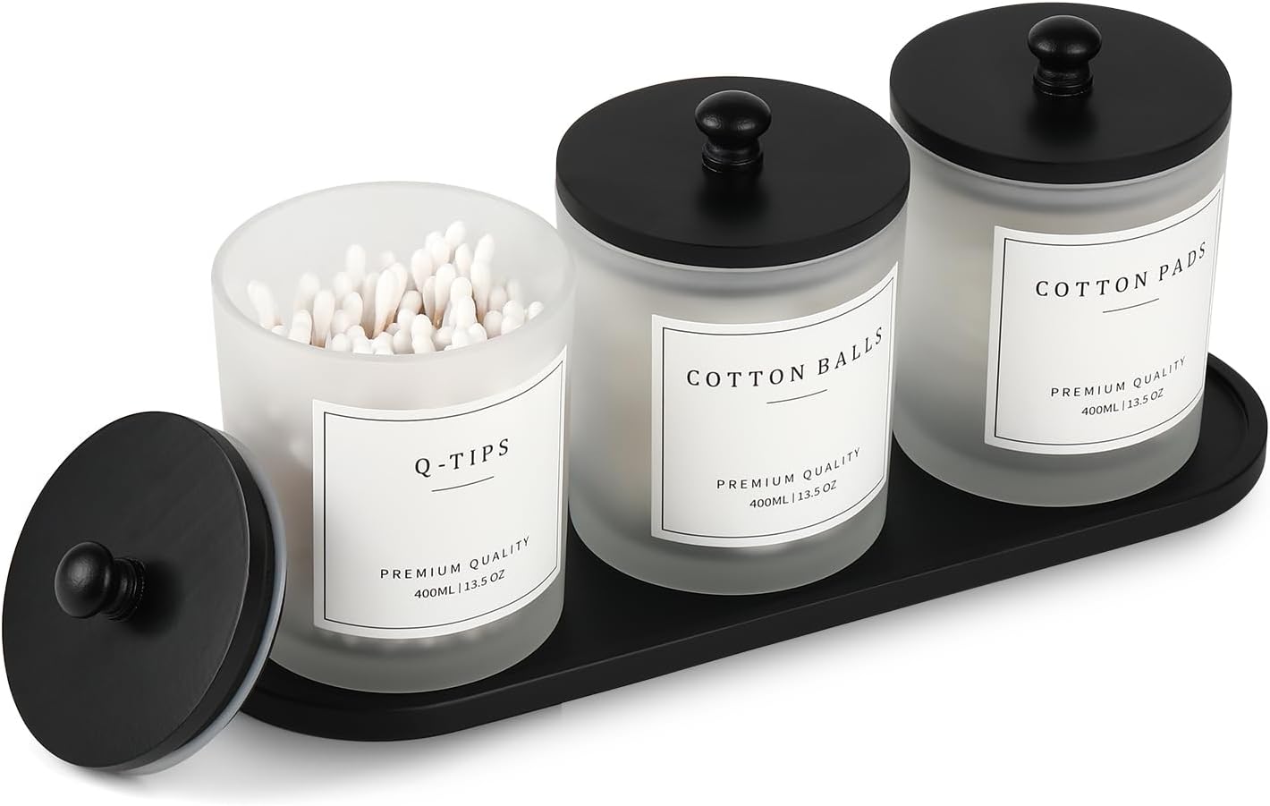 3 Pack Qtip Holder - Bathroom Organizers and Storage, Cotton Round Swab Holder Dispenser Cotton Ball Holder with Tray, Glass Apothecary Jars with Lids, Floss Pick Containers - ms black Black lid Frosted color-3 pack with tray