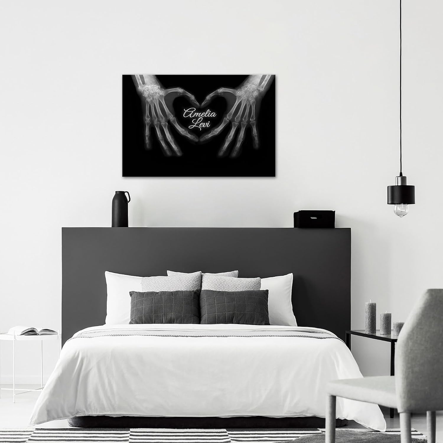 iLOOKLiKE Personalized Wall Art for Couples with Names in Skeleton Heart Shaped Hand Signs Black Xray Canvas Prints Custom Cool Poster Framed Love Gifts for Him Her Anniversary Wedding 8×12inch