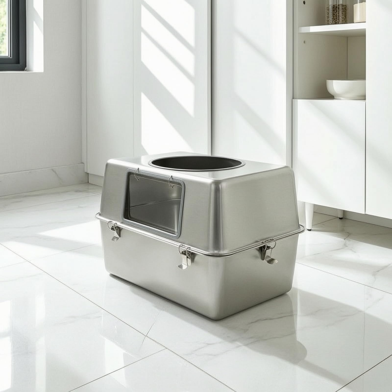 Lettiera in Acciaio Inox Resistente Ai Graffi Lettiera con Due Ingressi Antiodore per Gatti, 50 35 40CM