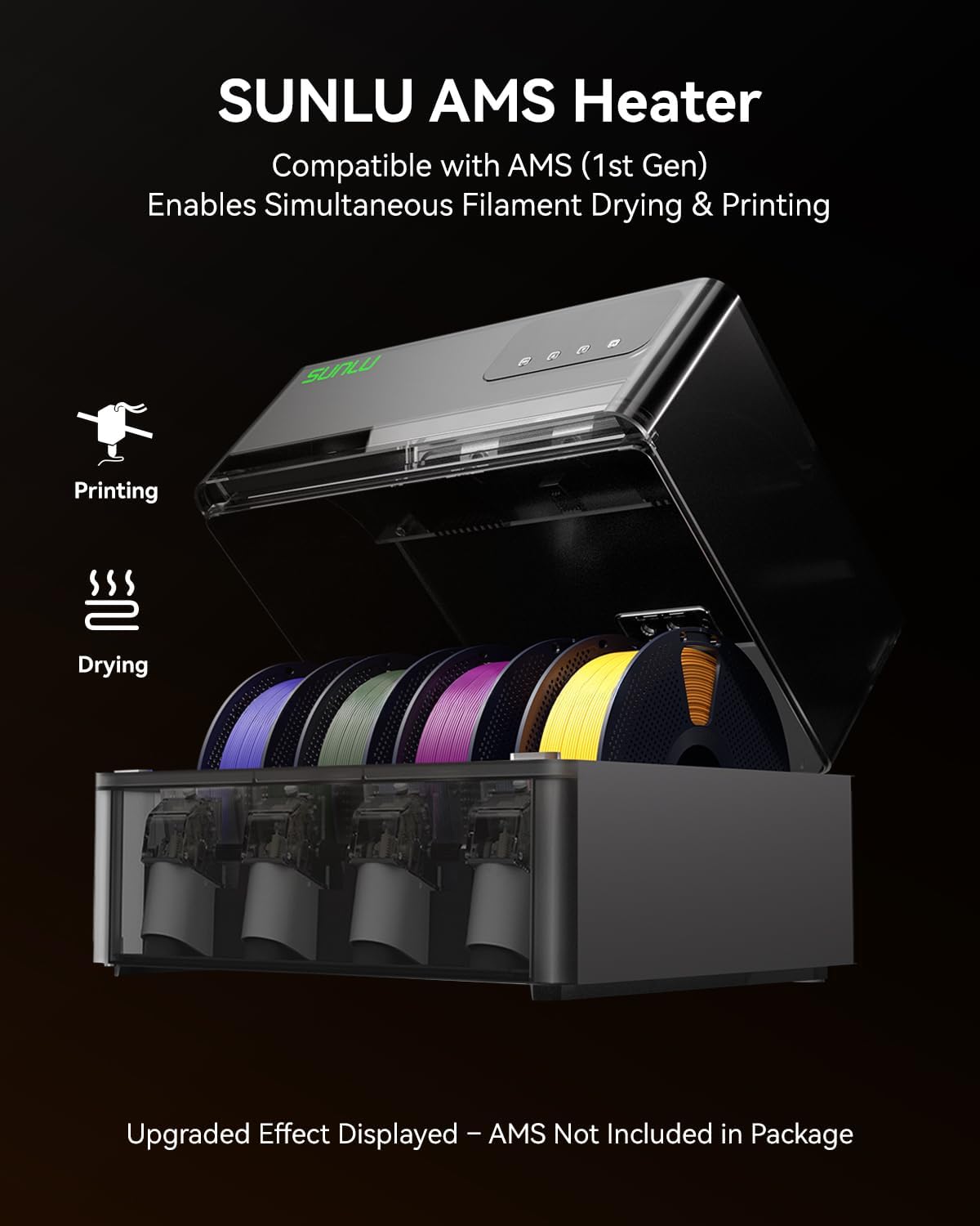 SUNLU AMS Heater, Compatible with Bambu lab AMS Gen 1 – Enables Simultaneous Printing & Drying, Easy Installation, Fast Heating to 70°C, 4-Spool Capacity Filament Dryer