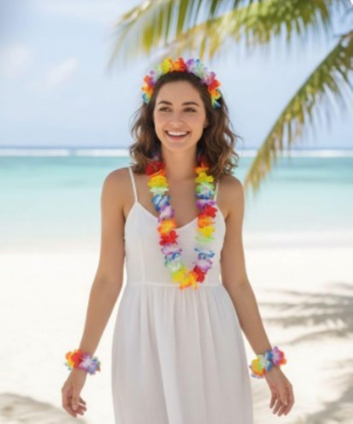 BookMyCostume Hawaiian Hula Flower Jewellery Set - Includes Necklace, Headband & Wristbands | Fabric Flower Luau Party Accessories | Fancy Dress & Beach Theme Costume Set for Kids & Adults 1
