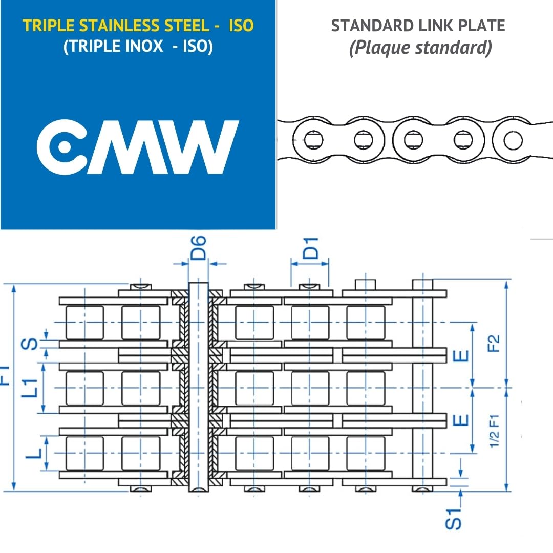 CMW - Catene di trasmissione standard - Triplo dente - Acciaio inox - Passo 19,05 mm - ISO - 12B-3 - Rotolo da 5 metri
