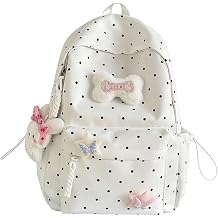 Cute Polka Dot Backpack - Coquette Backpack Kawaii Aesthetic Back Pack Preppy rucksack with Cute Pin White