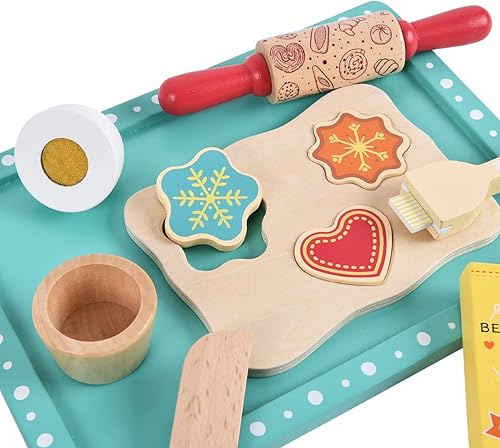 Miniatura 3 de Juego de comida de juego de simulación de 13 piezas, juego de hornear galletas de madera, accesorios de cocina compatibles con madera real para