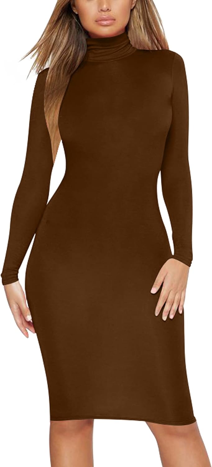 Women's Casual Long Sleeve Bodycon Sexy Turtleneck Midi Club Party Pencil Dresses - Image 3