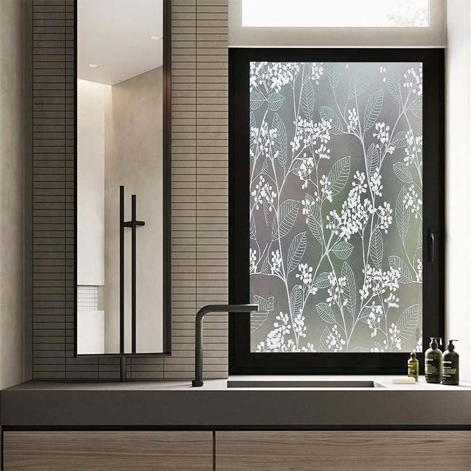 Image of Window Privacy Decorative Stained Glass Window Decal Tint Film, Adhesive Static Cling Sun Stickers, Door Window Covering For Home (24In' X 7Ft', Blue Cherry Leaf)