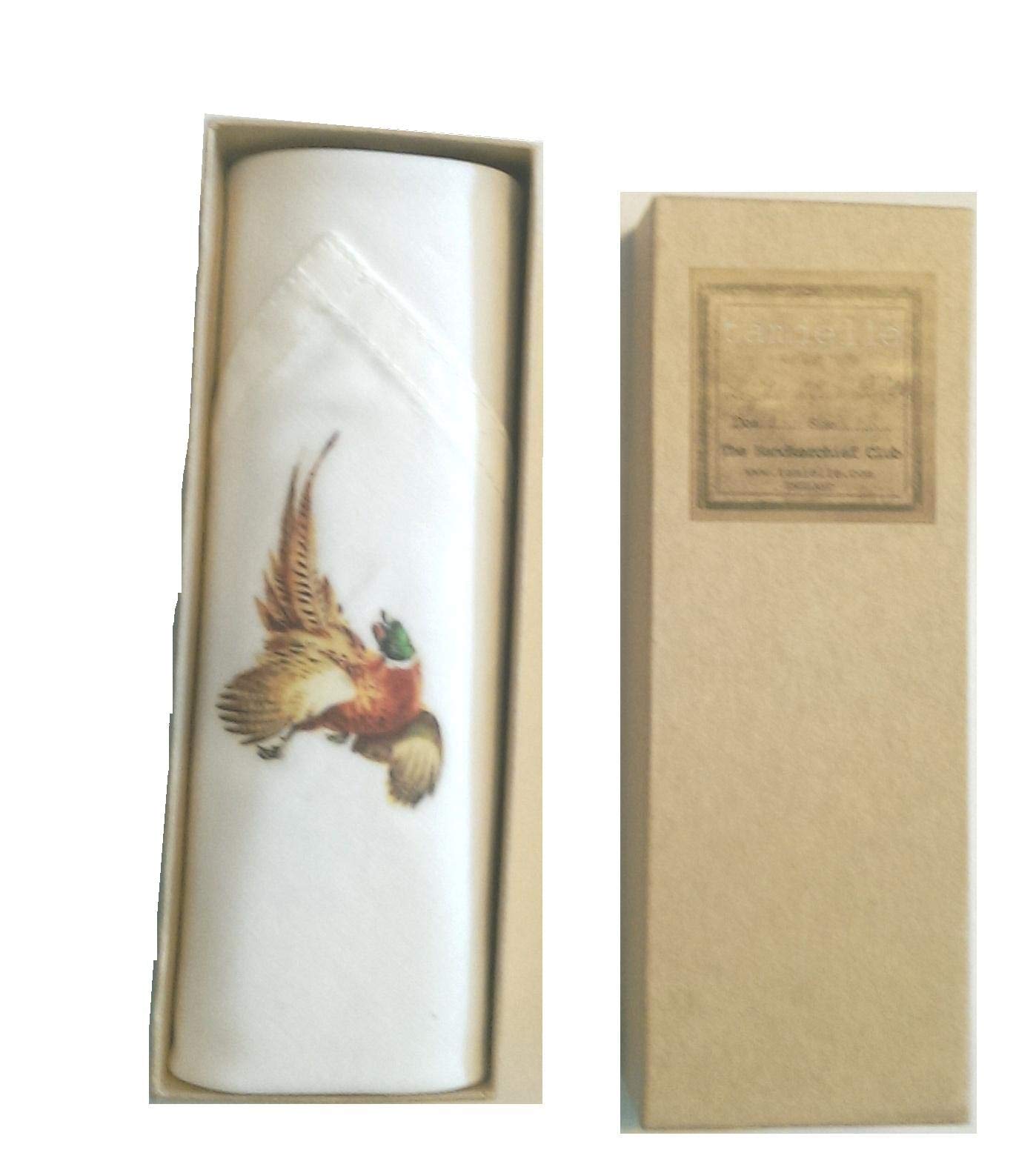 Tamielle - Single man's white handkerchief with a Pheasant motif - 40cm x 40cm - Lovely presentation in a gift box and ethically produced