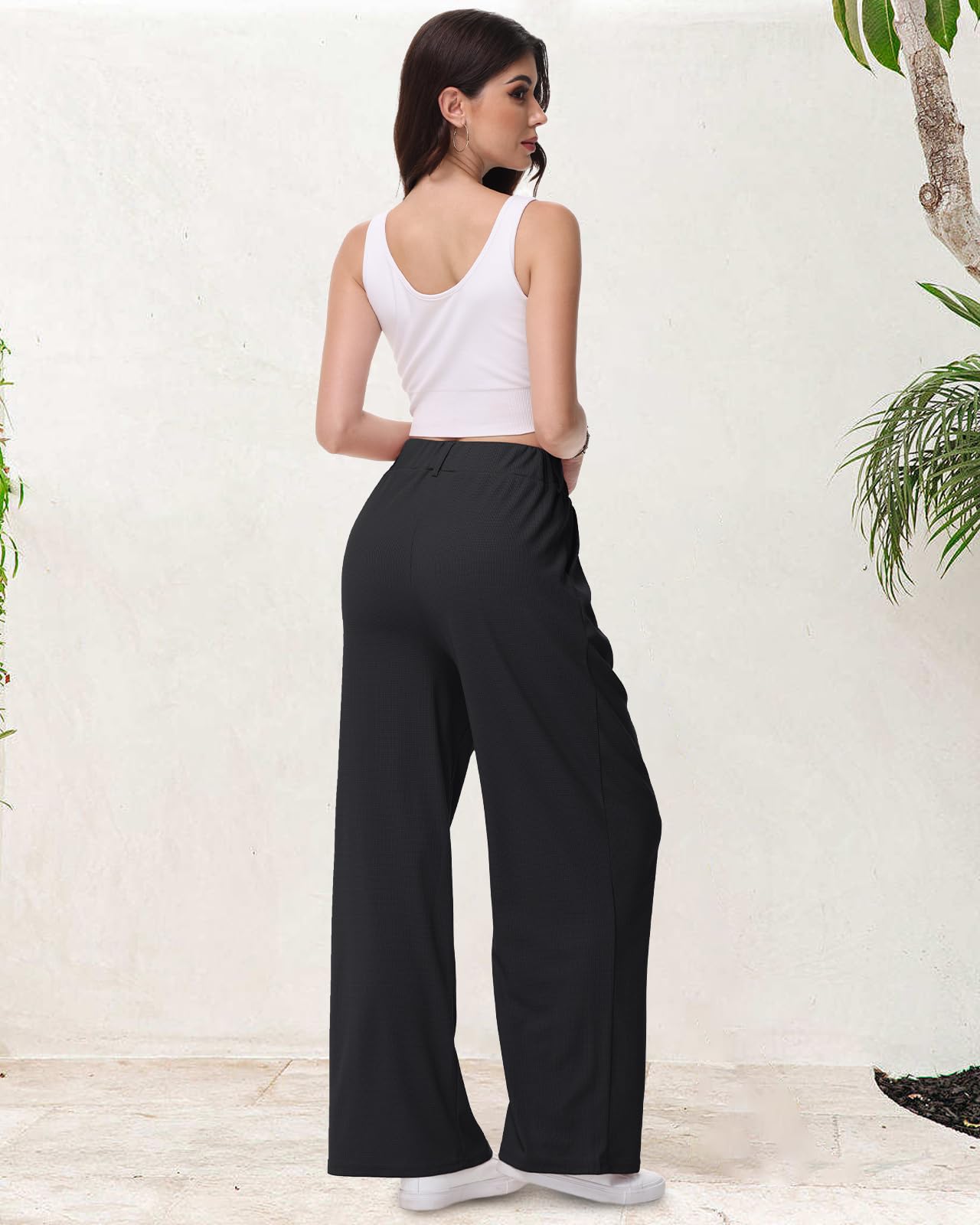 HMIYA Weite Hosen Damen-Bügelfreie Lässig Leichte Stoffhose Locker Palazzo Hose Hohe Taille Sommer Freizeithose mit Tasche