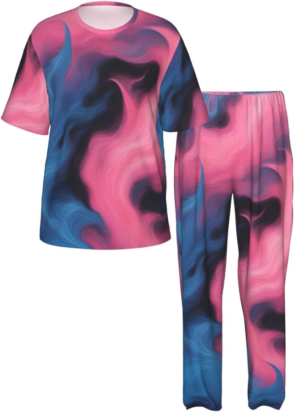 Men'S 2 Piece Loungewear Pajama Set Blue And Pink Fire Print Short Sleeve Tee Top And Pants Set S-3xl