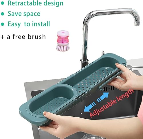 Miniatura 2 de Organizador de fregadero de cocina, soporte para cepillo de esponja, bandeja de drenaje, colgador de paños (verde), grande