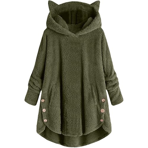 Fastbot Fleece Jacket Women Pullover Hoodie Fleece Hooded Sweatshirt Cat Ear Pocket Solid Warm Winter Oversized Outwear