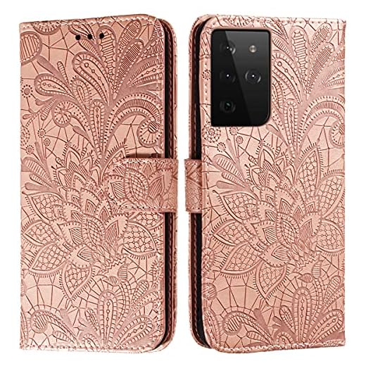 Ysnzaq Plånboksfodral till Samsung Galaxy S20 Ultra, premium PU-läder hopfällbart stativ stötsäker flip notebook magnetiskt fodral med [kortplatser] fodral för Samsung Galaxy S20 Ultra LD spetsblomma roséguld