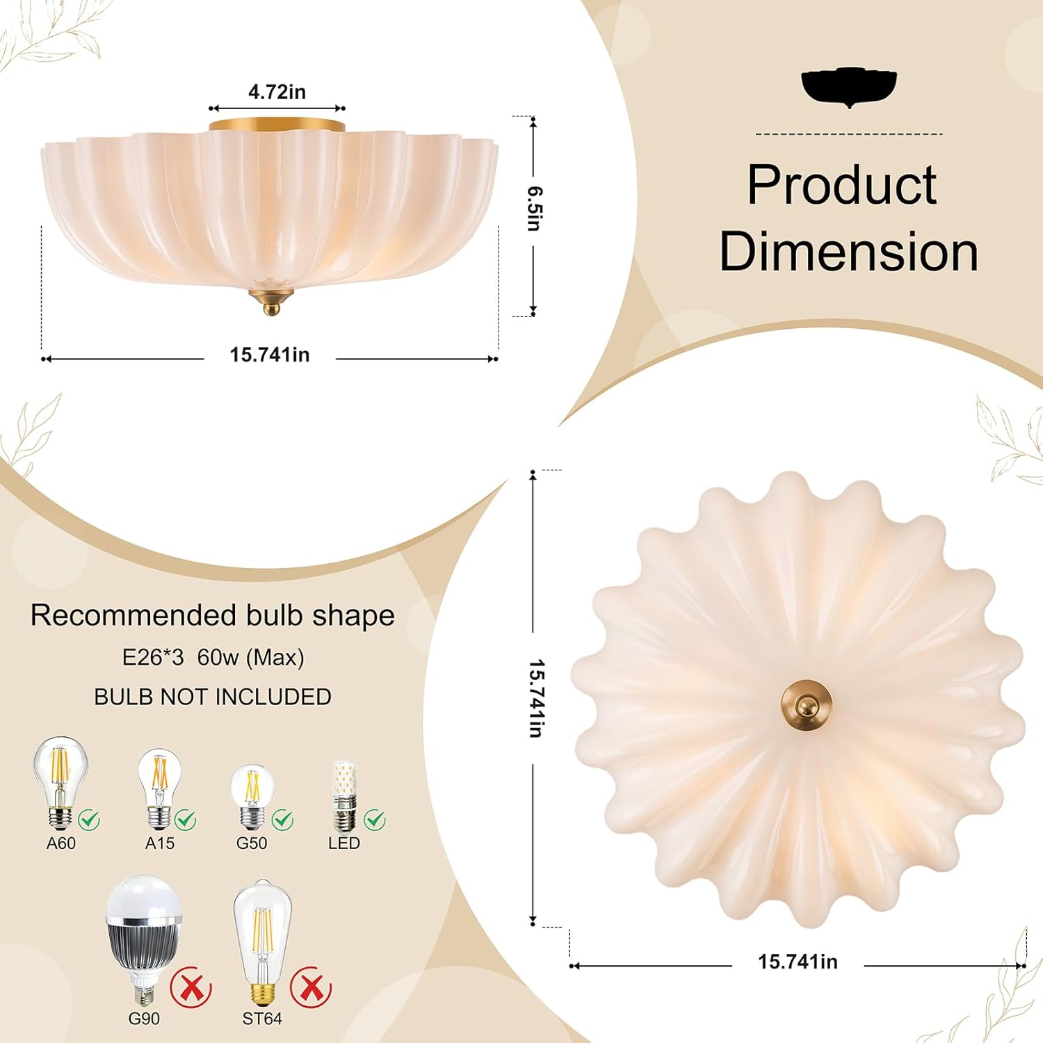 Gold Flush Mount Ceiling Light, 3-Light Hallway Light Fixtures, 15.7'' Vintage Brushed Brass Glass Ceiling Lights with Milky Glass Flower Shade for Entryway Dining Living Room Foyer