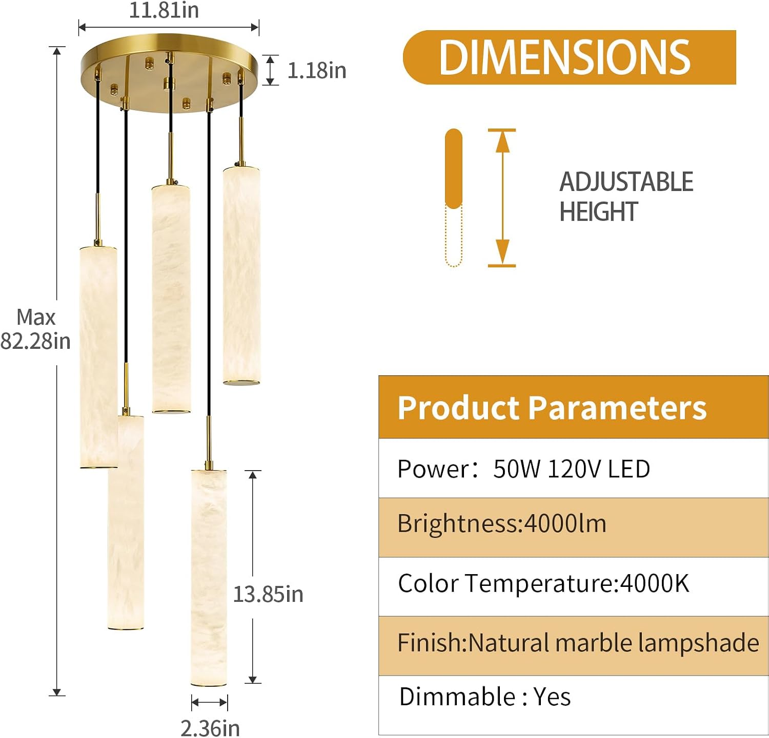 LMQNINE Natural Alabaster Pendant Lights for Kitchen Island White Marble Long Tube Chandelier 4000K Modern Gold Ceiling Light Fixtures for Bedroom Dining Room Table Living Room Hallway(M-5Light)