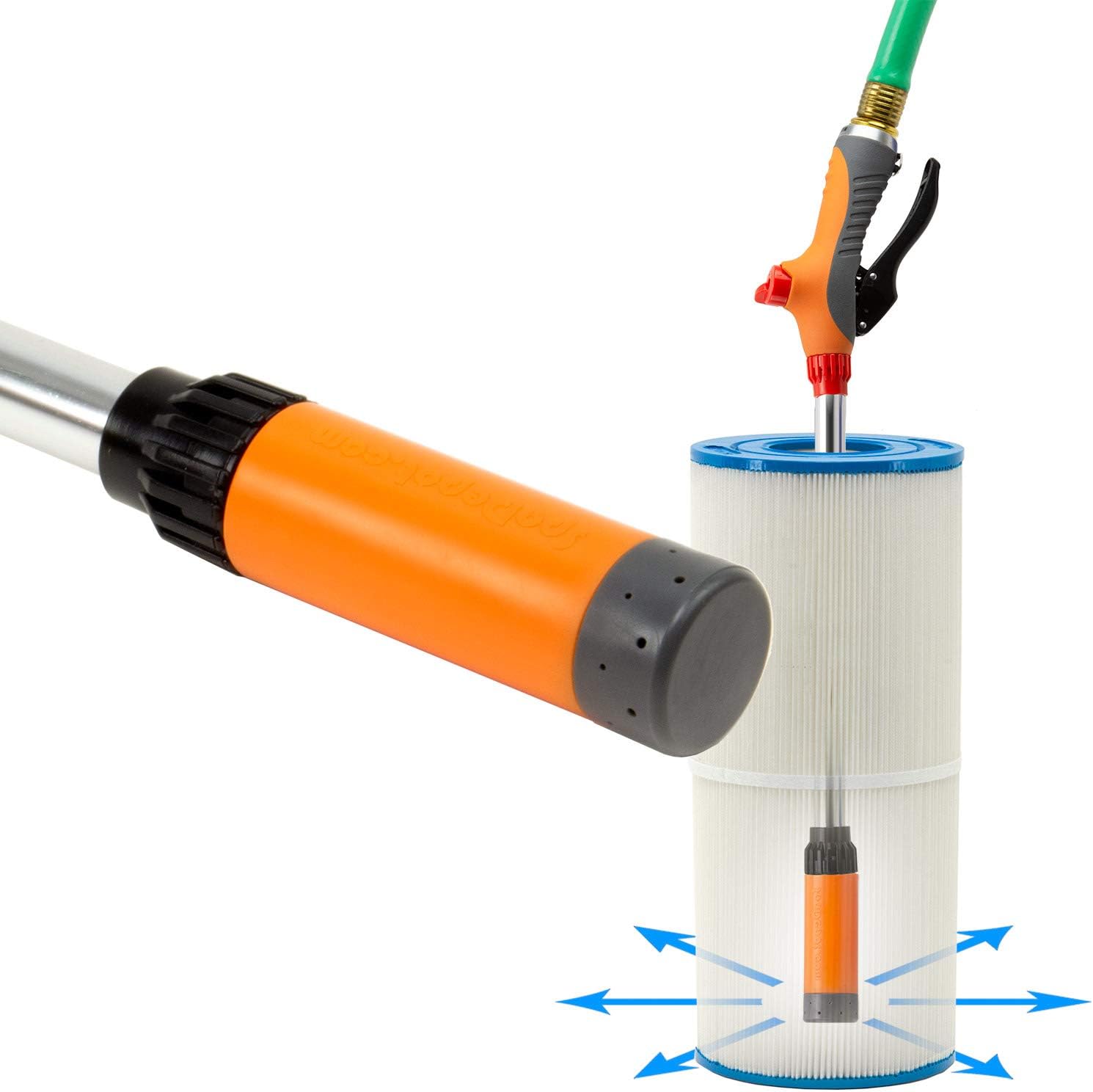 Clarathon Jet Stream Spa & Pool Filter Cleaner Dual Tool Set with Fan Spray Head for Outer Pleats + Long-Reach 360° Cartridge Core Cleaning Wand