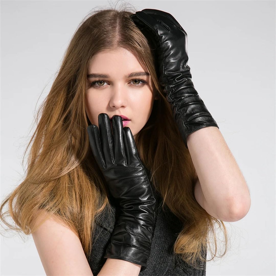 Women Real Leather Gloves Yellow Genuine Goatskin Long Gloves Fleece Lined Warm Soft Yellow L
