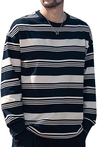 Mens Striped Long Sleeved T-Shirt, Casual Round Neck Long Sleeved Top, Regular-Fit Daily Striped T-Shirt Basic Style