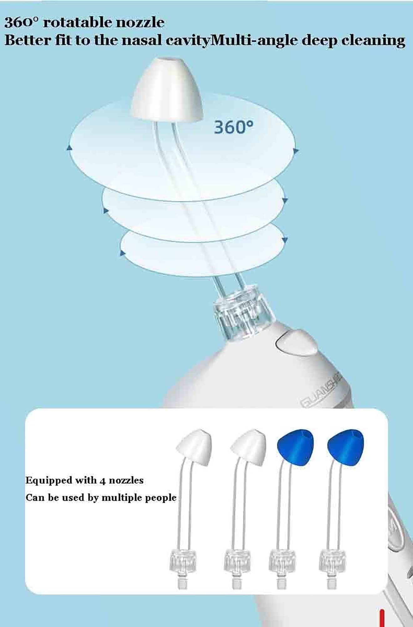 CEEBUS Irrigador Nasal portátil con 4 Puntas, Limpieza giratoria de 360 Grados, Limpiador Nasal eléctrico de 5 Modos, Kit de Sistema de Enjuague Nasal para Adultos y niños