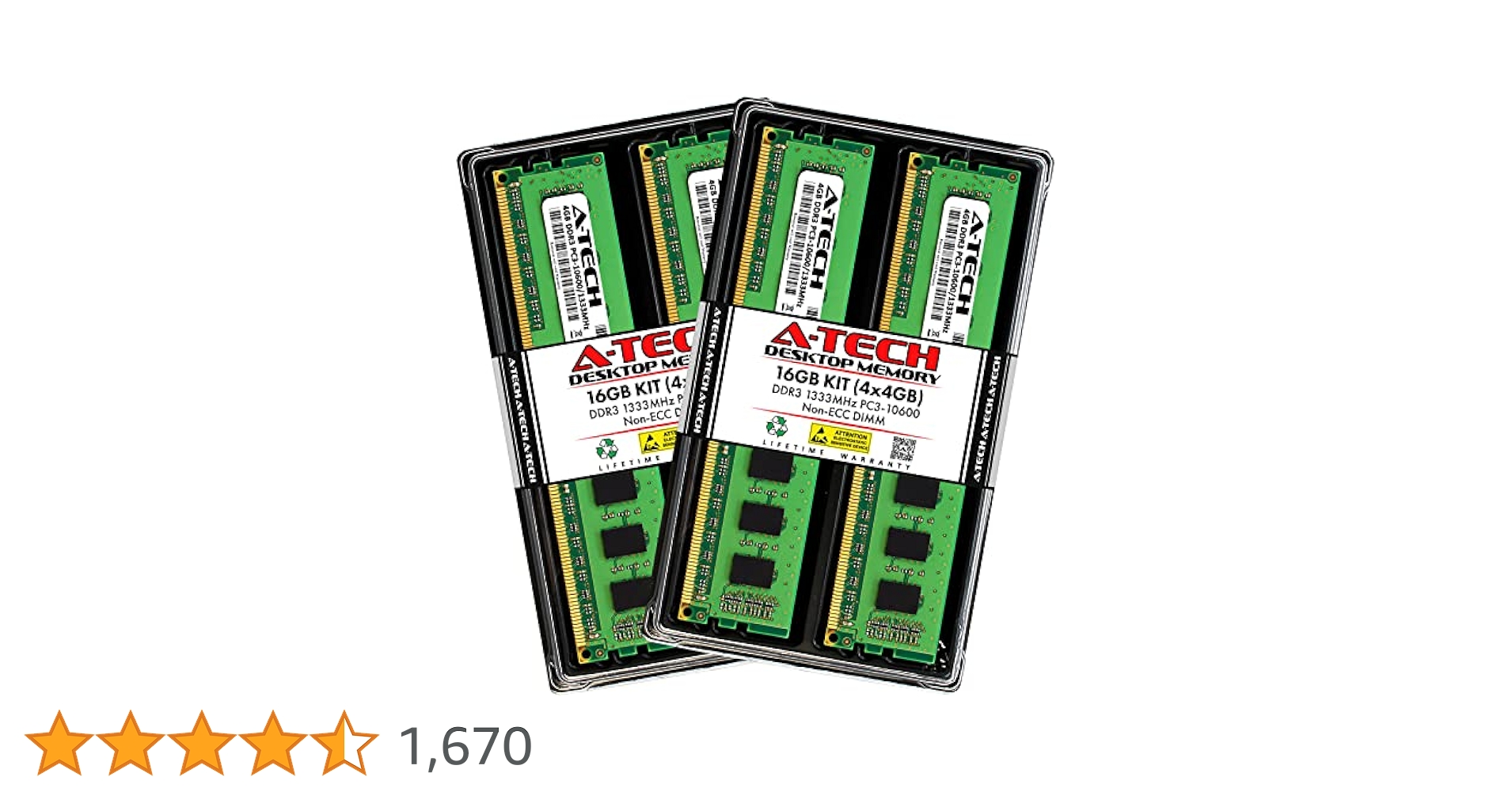 A-Tech 16GB Kit (4x4GB) DDR3 1333MHz PC3-10600 CL9 UDIMM Non