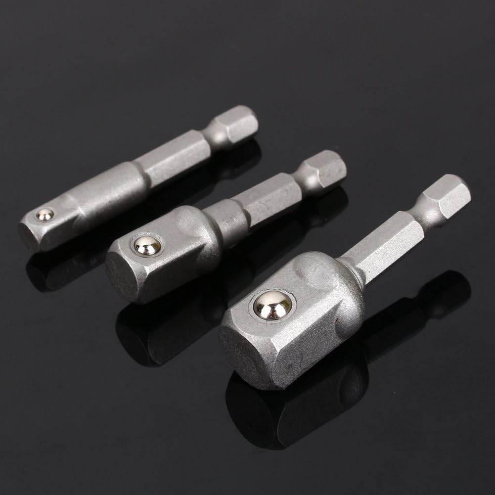 Power Drill Sockets Adapter Set 1/4" 3/8" 1/2" Hex Socket Wrench Extension Adapter Bit Set 3pcs for Drills Nut Driver Chrome Vanadium Steel