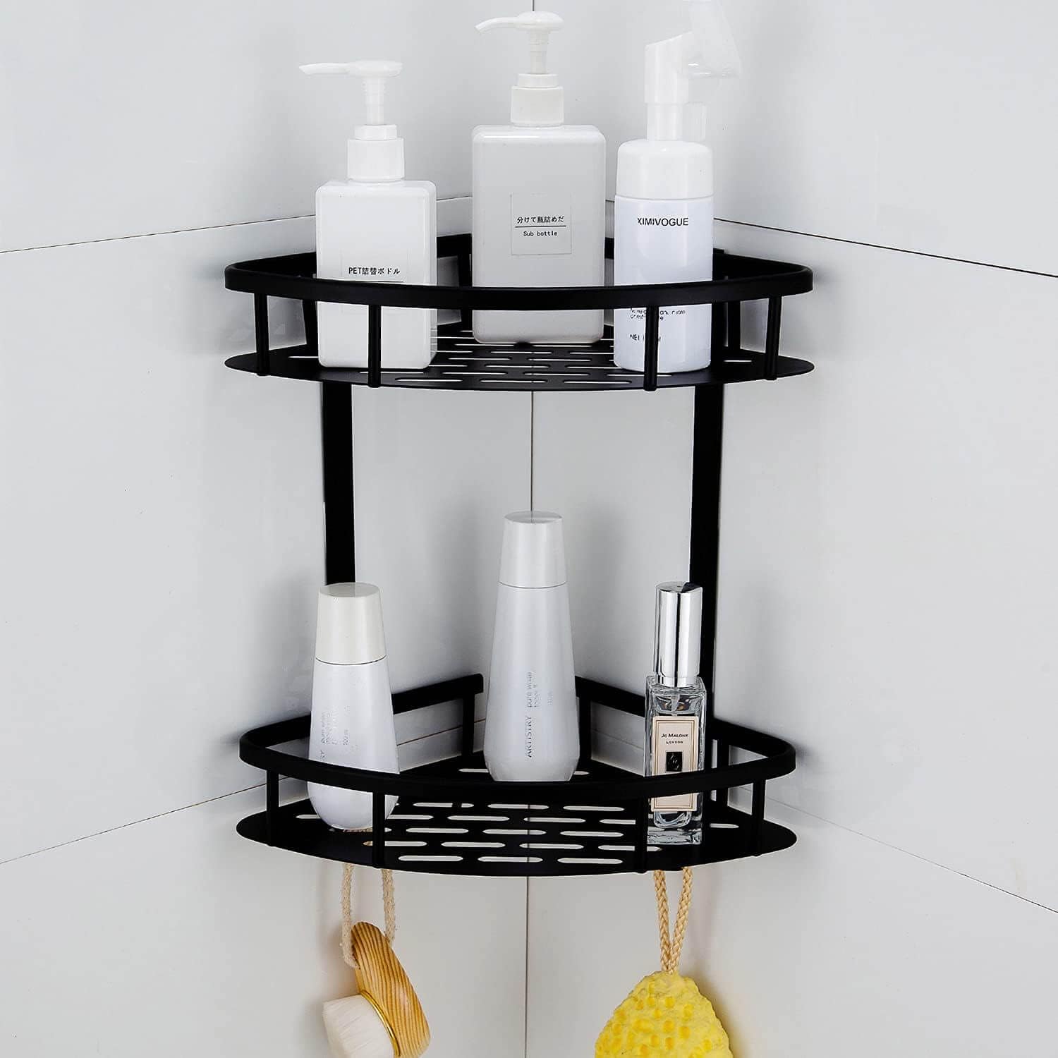 Hoomtaook Shower Shelf Corner Bathroom Shelf no Drilling,Metal Shower Organizer Shower Caddy No Drilling Self Adhesive Bathroom Accessories Wall Mounted, 2 Tier Black