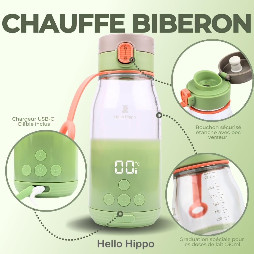 Chauffe-Biberon Nomade 300 ml – Sans Fil, Batterie Rechargeable USB, Voiture – Température Réglable 37-50°C avec Maintien au Chaud – Graduation 30 ml – Idéal pour Lait et Eau en Voyage
