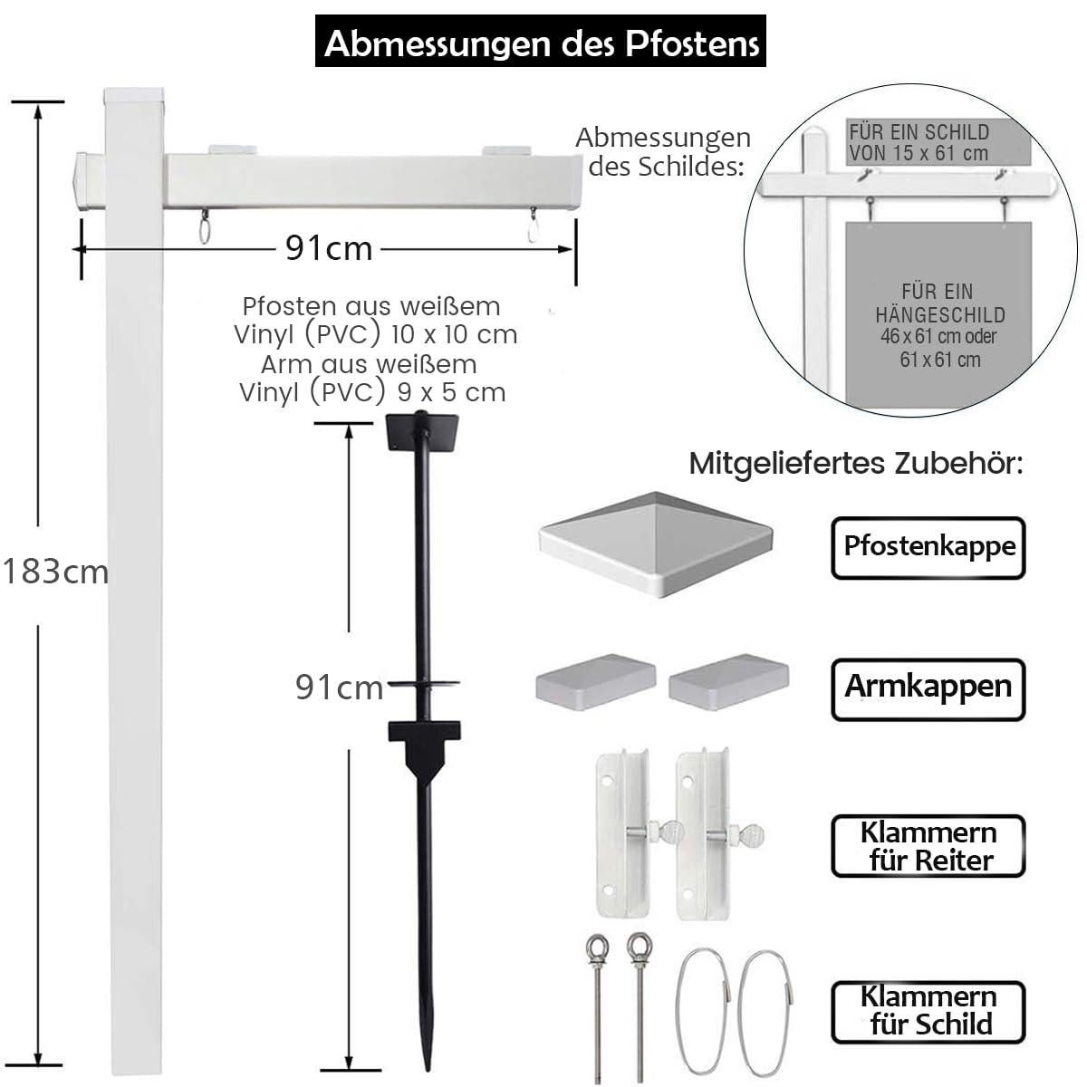COSTWAY Schilder Pfosten 180 cm, Immobilien-Posterstand, UPVC, Stahlpfahl, für 15 x 60 cm Reiter (Weiß)