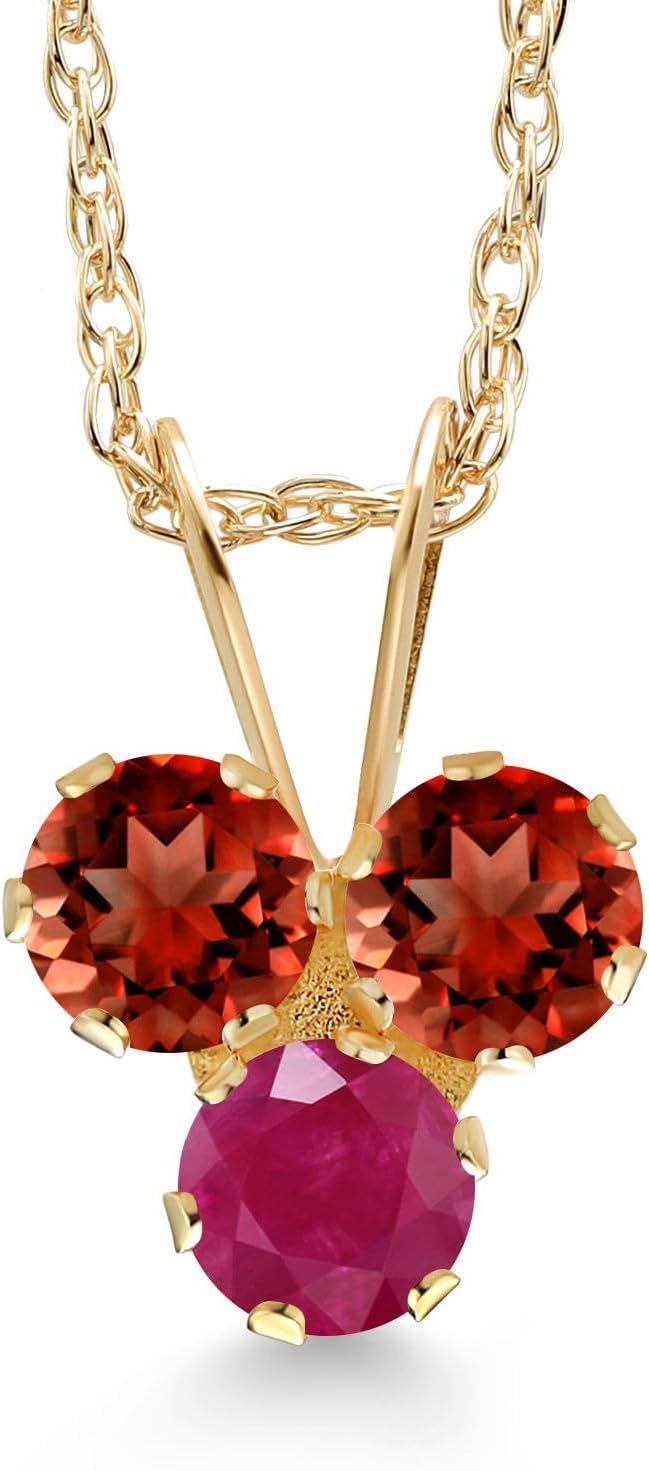 Gem Stone King 14K Yellow Gold Red Garnet and Red Ruby 3-Stone Pendant Necklace For Women (0.46 Cttw, Gemstone January Birthstone, Round 3MM, 18 Inch Chain)
