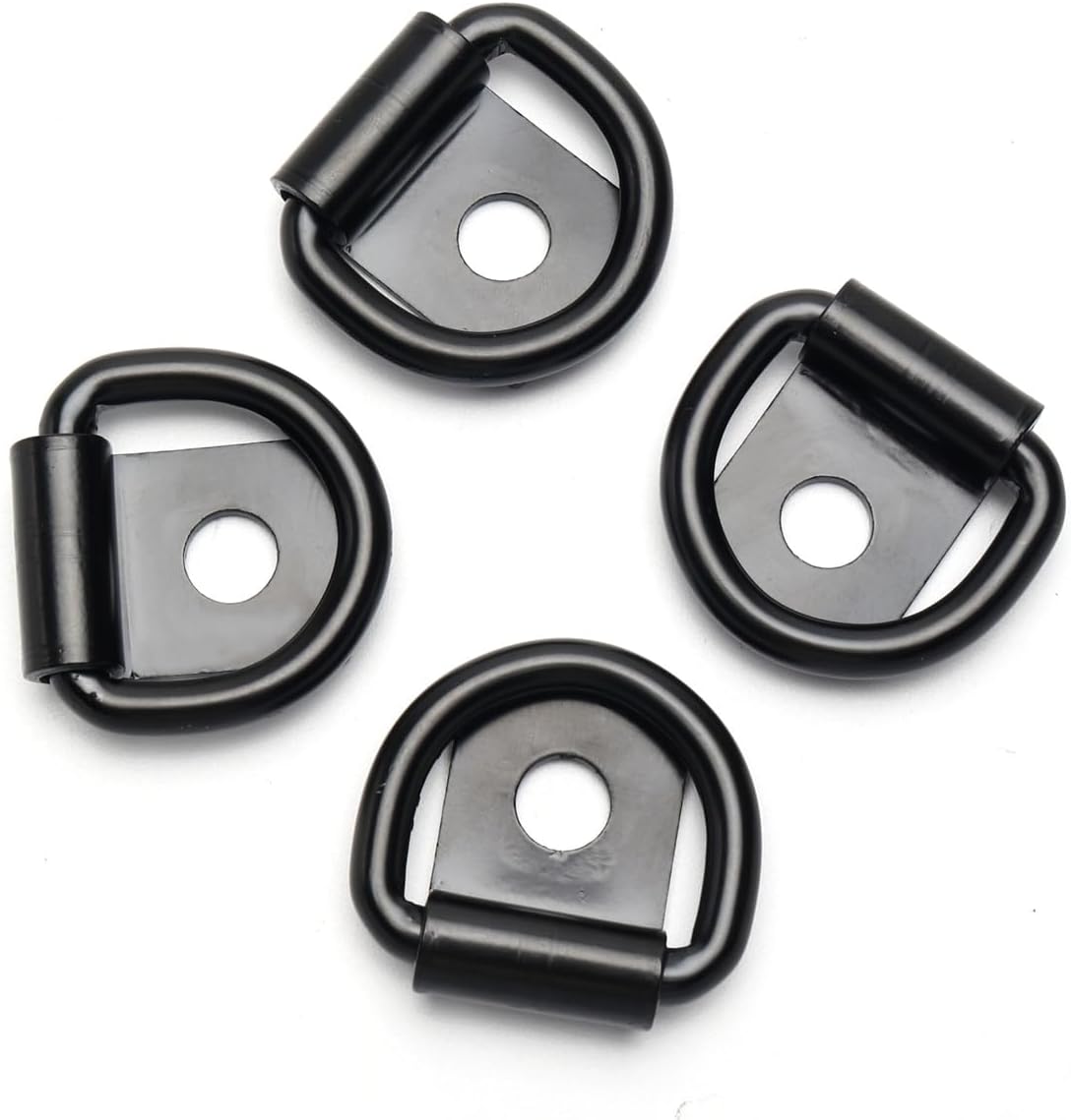 4 Pcs D-Rings Tie Down Anchor Hooks, 10mm Fixing hole D-Ring for Pickup Truck Bed Deck Rails T Slot Nut Screw, Heavy Duty Steel D Ring for Trailer, Camper, Warehouse, Garage, Cargo Cover Mounts, Black