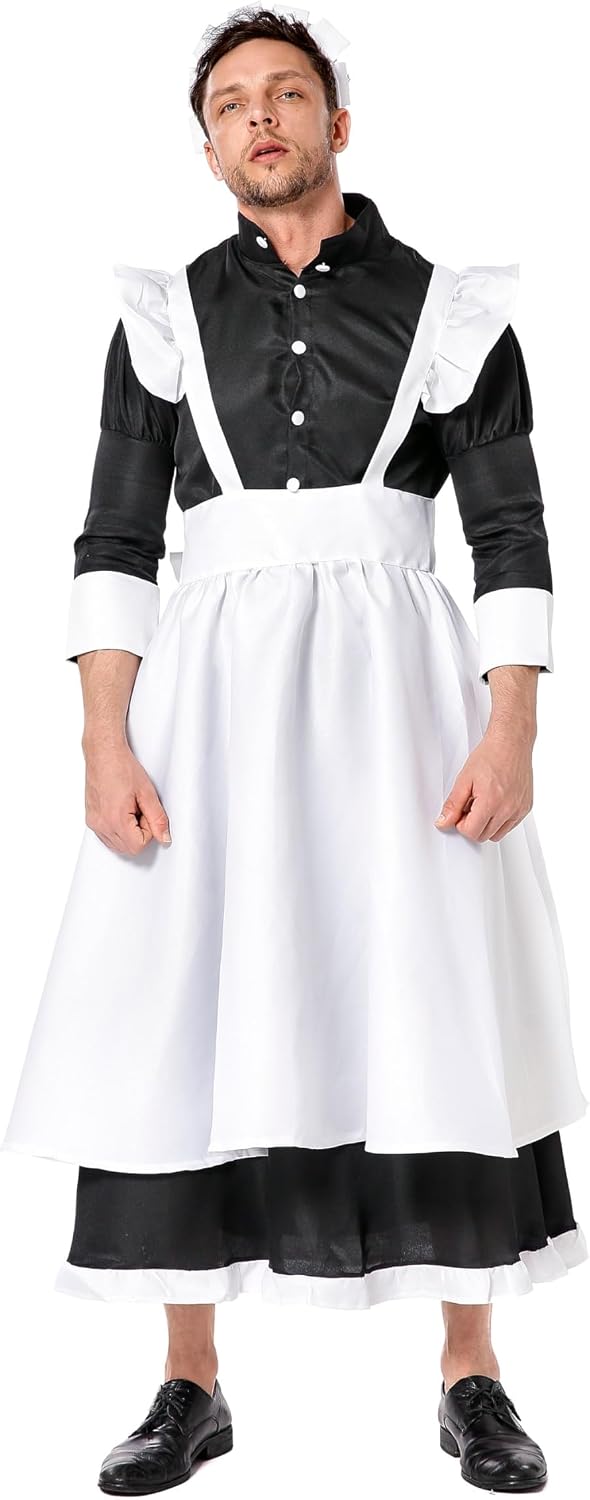 Men's 3 PCS Halloween Servant Waiter Costume Set Sexy Funny Performance Dresses